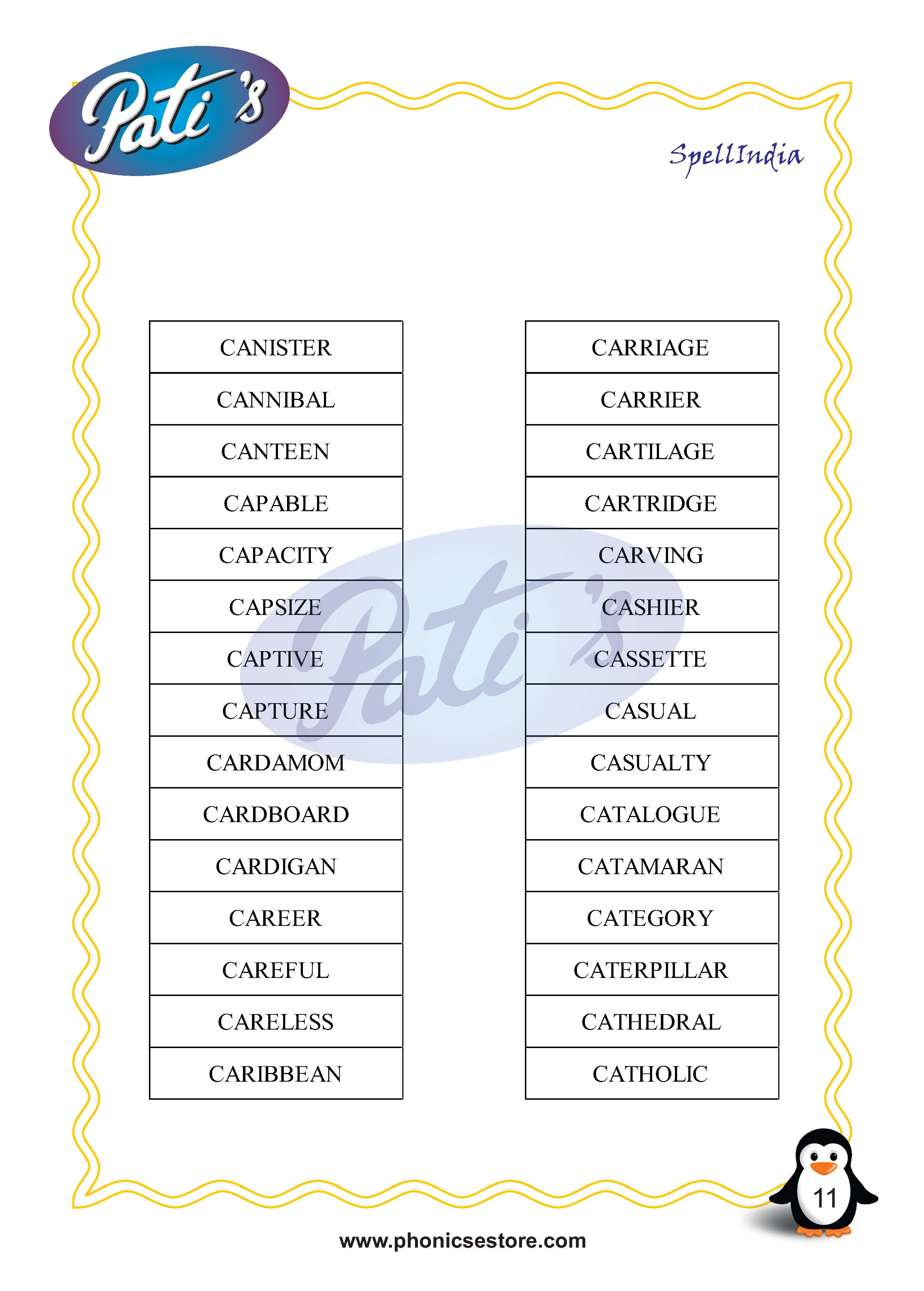 Pati Spelling Bee word list Class 5 Grade 5